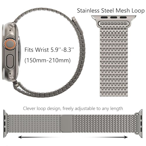 Image of WINGLE Magnetic Mesh Loop for Apple Watch Band Ultra 3 /2 /1 49mm 46mm 45mm 44mm 42mm Men Series 11 10 9 8 7 6 5 4 3 2 1 iWatch SE 3 /2 /1, Stainless Steel Adjustable Metal Magnetic Buckle Strap, Titanium