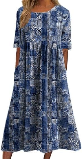 Womens Plus Size Boho Floral Printed Midi Dress Casual Loose Summer Short Sleeve Beach Dress with Pockets
