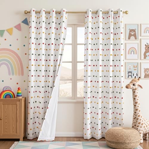 Image of MEETSKY Kids Blackout Curtains for Girls Bedroom,Pom Pom Curtains 50x84 in | 100% Blackout Light Blocking Drapes,Nursery Curtain,Room Darkening,Thermal Insulated Grommet Drape,Colorful,Cute,2 Panels Set