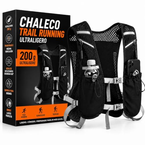 Chaleco Trail Running Unisex Ultraligero 200 g, Ajustable y Transpirable, Soporte para Bidones, Detalles Reflectantes, Chaleco Running para Trail, Senderismo y Trekking, Color Negro