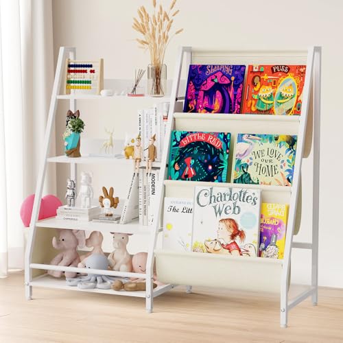 Huimpet Kids Bookshelf and Toy Organizer, 4 Tier Bookshelf for Kids, Montessori Baby Toddler Toy Storage Bookcase Book Shelf for Kids Rooms, Bedroom, Playroom, Nursery