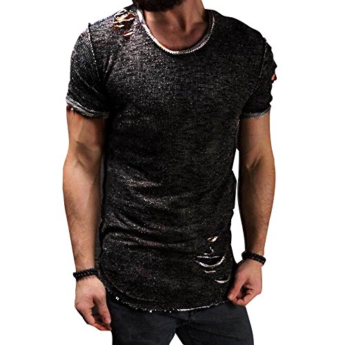 Meedot T-Shirts Hommes Manche Courte Chemises Été Pullover Mode Homme Déchiré T-Shirt Vêtement de Rue Tee Shirt Noir S
