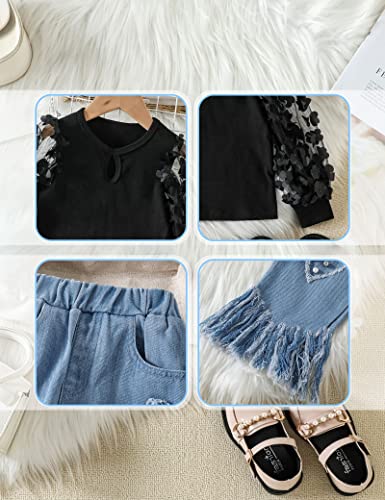 Image of Toddler Girl Clothes 3T-4T toddler girls fall winter outfits Black Lace Butterfly Long Sleeve Light Blue Jeans 2Pcs Fashion Gift Set