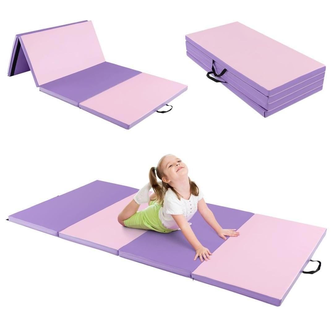 SPOTRAVEL 4-Panel Folding Gymnastics Tumbling Mat, 8FT x 4FT PU Leather Tumbling Mats with 2 Carry Handles, Thick Foam Soft Matt for Yoga, Stretching, Aerobics, Home & Gym (Purple + Pink)
