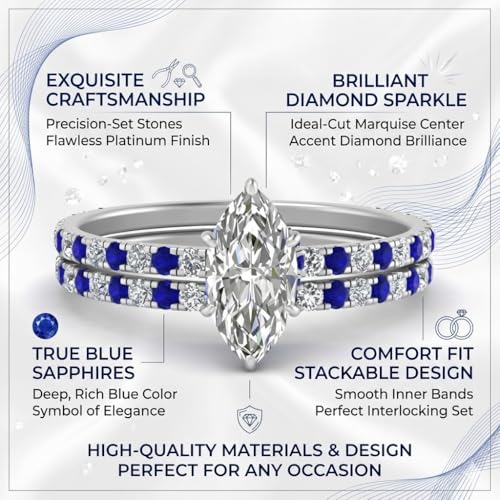 Image of Choose Your Gemstone Three Quarter Diamond CZ Gallery Bridal Ring Set 925 Sterling Silver Marquise Shape Wedding Ring Sets for WomenUS Size 4 to 12