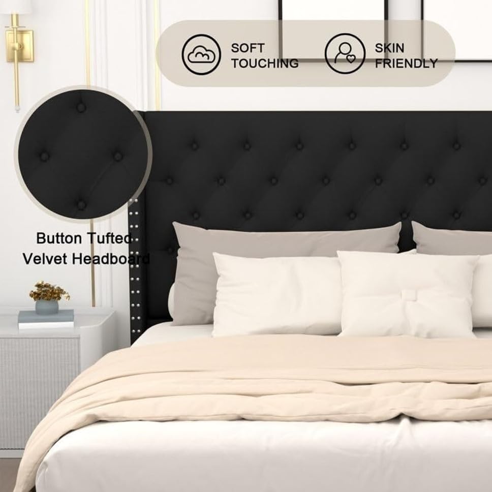 Image of Wooden Modern Upholstered Queen Size Bed for Bedroom | Wooden Double Bed Without Storage | Platform Cot Upholstered Bed with Upholstery Fabric | Engineered Wood | 6.5 x 5 Ft | Black Chosen