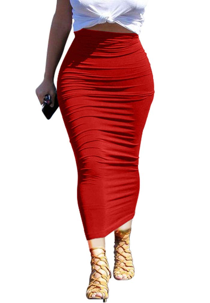 Photo 1 of YMDUCH Women's Sexy Bodycon High Waist Stretchy Solid Work Pencil Skirts Dress Red