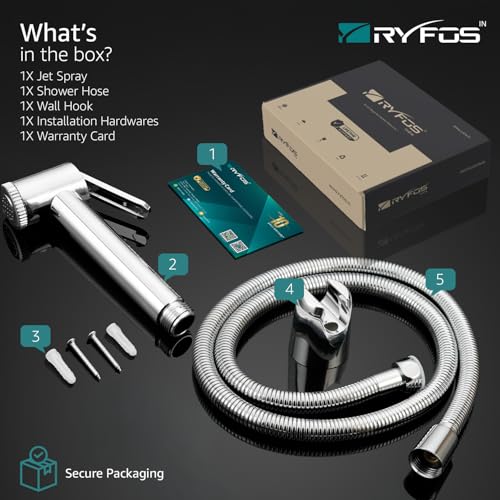 Image of India's 1st Lifetime Support Brand, R1020HF, ABS, Health Faucet | Jet Spray Gun for Toilet with SS-304 Grade 1-1.25 Mtr Grade Flexible Hose Pipe & Wall Hook | Chrome Finish