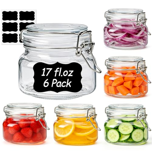 Image of ComSaf Square Glass Food Jars 17 oz 6 Pack for Pickling and Herbs Storage | Airtight wire clamp lids, six labels and 3.3-inch wide mouths for loose tea, herbal powders, cocktail garnishes and jam