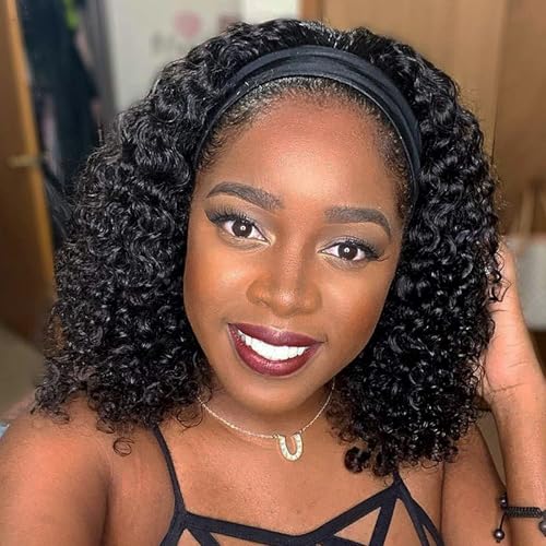 Image of Punmasa Headband Wig Human Hair Deep Wave 12 Inches None Lace Front Wig Human Hair Machine Made Wigs 150% Density Headband Curly Human Hair Wigs for Women Natural Color Half wig