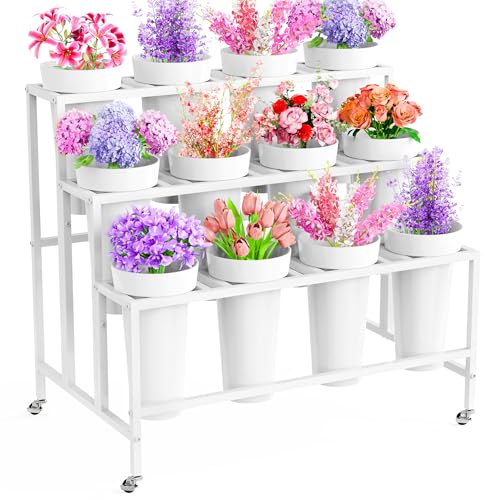 Asee'm Flower Display Stand with 12 Buckets, 3-Tier Flower Stand with Wheels, Heavy Duty Moving Metal Plant Bar Cart Stands Florist Bouquet Shelf for Indoor Outdoor Patio Garden(White - Round Bucket)