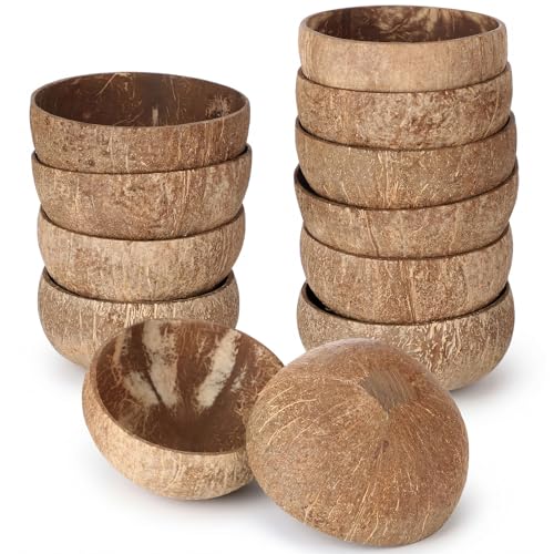 Hushee Set of 12 Natural Coconut Bowl Halves Real Coconut Shell for Handicraft Pet Bowl DIY Candle Maker Natural Coco Bowls for Salad Smoothie Parties Catering(3.94-4.33 Inches)