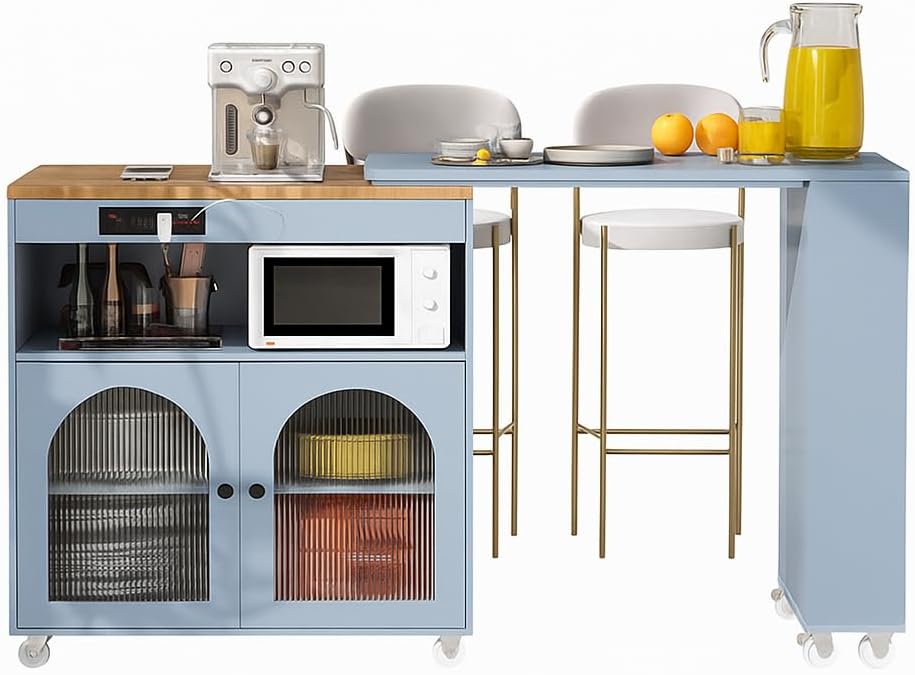 K&K Rolling Kitchen Island with Extended Table, on Wheels with LED Lights,Power Outlets and 2 Fluted Glass Doors, Kitchen Island with a Storage Compartment and Side 3 Open Shelves, Grey