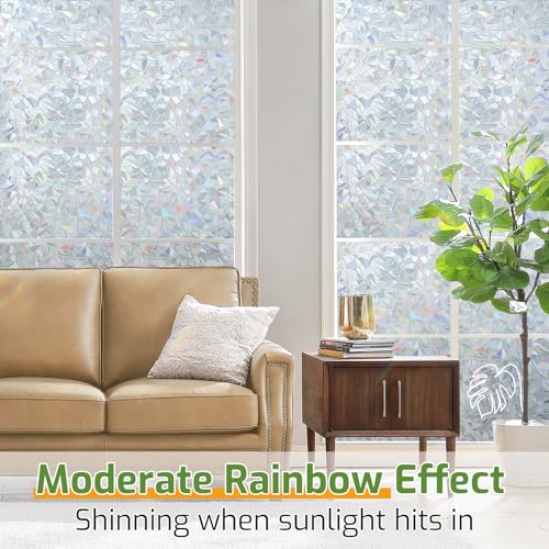 Image of LUTE Rainbow Window Privacy Film, Stained Cling, Silver, 17.5 inch x 118.1 inch | 3D Decorative Non-Adhesive Vinyl, Static Cling Removable Glass Stickers, Sun UV Blocking Decal Covering for Home Office
