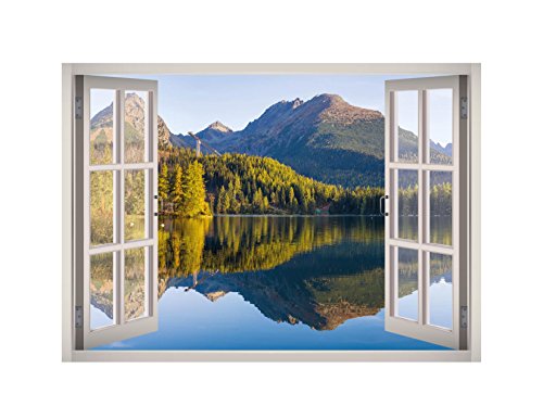 Lake and Mountain Landscape View Window 3D Wall Decal Art Removable Wallpaper Mural Sticker Vinyl Home Decor West Mountain W129 (SMALL (24''W x 17''H))