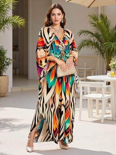 Image of IMAGEKOPE Women's Plus Size Animal Print V-Neck Batwing Kaftan Beach Dress Bathing Suit Cover-Up Loungewear