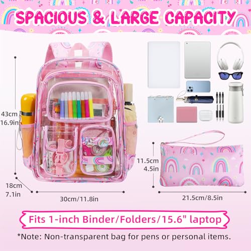 Image of Clear Backpack for School, 17 inch Heavy Duty PVC Transparent Bag, Cute See Through Bookbag with Pencil Case for Stadium Approved Women Girls Teens