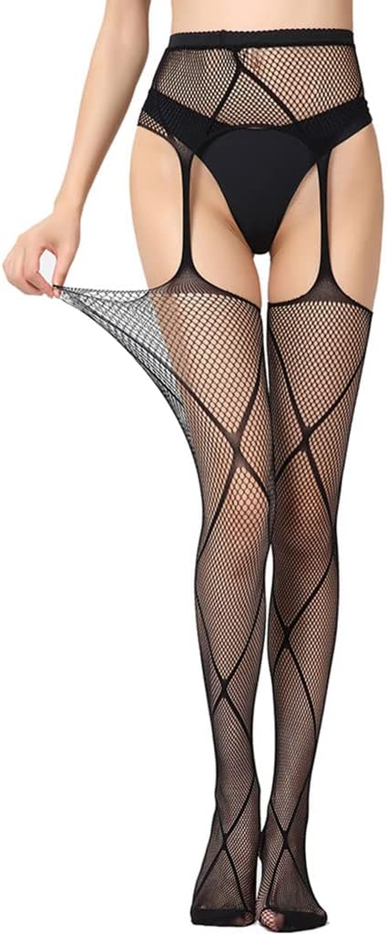 Black Suspender Fishnet Stockings, Sexy Lingerie One-Piece Suspenders, Long Lace Stockings for Women 2 Pairs