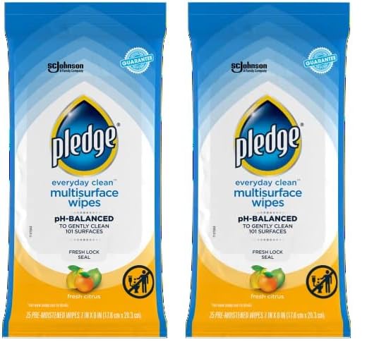 Pledge Multisurface Furniture Polish Wipes, Works on Wood, Granite, and Leather, Cleans and Protects, Fresh Citrus - Pack of 2 (25 Total Wipes)