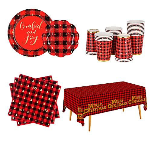 Geschirr Weihnachten Büffelplaid SERVE 25 Abendessen & Dessertteller, Servietten, Tassen,Banner,Tischdecke für Weihnachtsfeier Cover