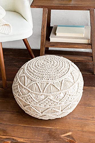 Woven St. Hand-Knitted Cotton Macrame Pouf - 100% Cotton - Footrest - Cover With Filling - Floor Chair - For Living Room, Bedroom, Kids Room - Indoor/Outdoor Pouf - 18’’ X 18’’ X 14’’ - Natural #TOP2