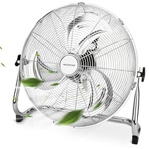 Aigostar Clover – XXL 54cm Retro Windmaschine, 100 Watt Starker Ventilator Groß, Bodenventilator mit Metall Chrom, Neigbarer Kopf (120°), 3 Stufen, Leise Standventilator, Industrie Ventilator, Silber