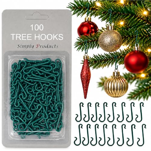 Simply Products 100 Bauble Christmas Tree Hooks - Green Ornament Hooks & Mini Hangers for Tree, Wreath & Vine