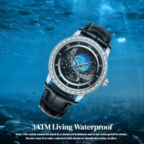 Image of FORSINING Watches for Men Rhinestone Inlay Rotational Starry Sky Moon Phase Mechanical Automatic Watch Waterproof for Business Leather Wristwatch