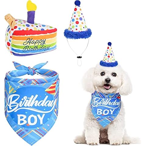 Dog Birthday Bandana Hat with Cake Plush Squeak Toy - Birthday Boy Triangle Scarf and Adjustable Polka Dot Hat, Cute Birthday Party Supplies for Small and Medium Dogs and Cats Cover
