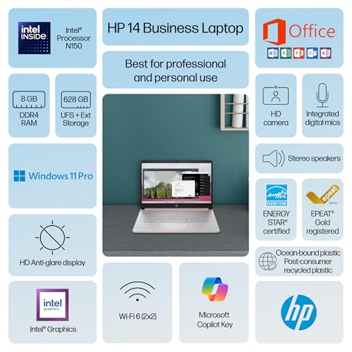 Image of HP Ultrabook 14 Laptop Computer Business Study & Home 2025, Lifetime MS Office + Windows 11 Pro, Quad-Core Intel CPU, 8GB RAM & 628GB Storage (128GB UFS+500GB Ext), WiFi 6, HubxcelAccessory, Rose Gold