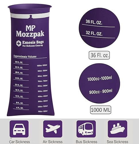 Image of MP MOZZPAK Vomit Bags Disposable 35 Pack - 1000ml Emesis Bags, Leak-Proof Barf Bag, Travel Friendly Puke & Nausea Bag for Motion Sickness, Medical Grade Throw up Relief for Car, Airplane, & Road Trip