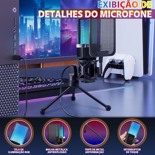Microfone USB para PC, Streaming, Podcasts, Gravação, para Computador no Mac/PS4/PS5, Microfone Jogo