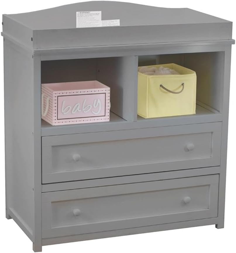 Pemberly Row Contemporary Solid Wood Baby Changing Table, Gray Finish, 2 Drawers with Metal Runners, 2 Open Shelves, Removable Changing Top, 36" W x 19" D x 36" H Nursery Storage Furniture