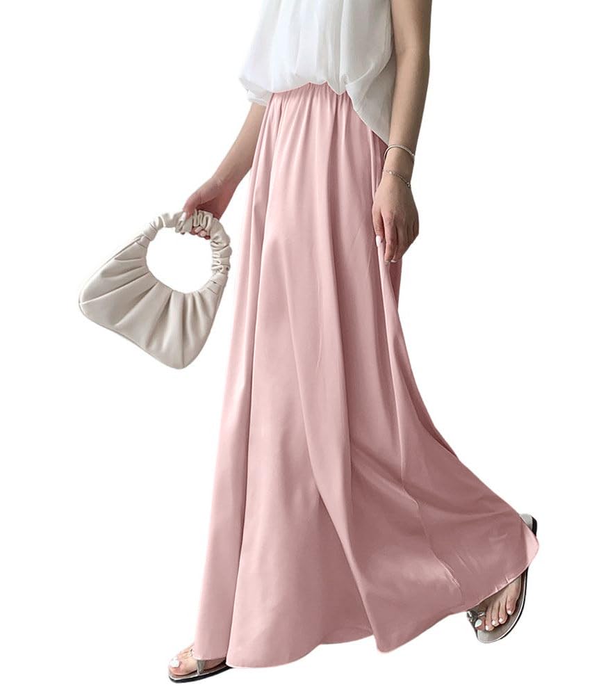 chouyatou Womens Satin Silky Wide Leg Culotte Pants High Elastic Waist Party Dress Casual Palazzo Pants