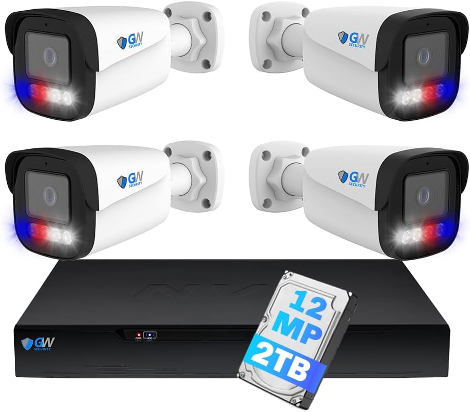 GW Security 8 Channel NVR UltraHD 12MP (4512x2512) Face/Human/Cars/License Plate Detection PoE Security Camera System with 4 x 6K 12MP Full Color Night Vision Waterproof 2-Way Audio Bullet Cameras