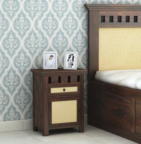 Image of Sheesham Wood Bedside Table for Bedroom Living Room Home Office with 1 Drawer and Cabinet Storage Solid Wood Table Furniture | End Table | Nightstand | Sofa Side Table (Walnut Finish)