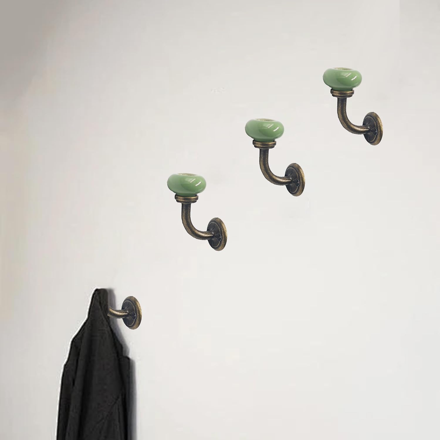 6Pcs Vintage Ceramic Wall Hooks, Wall Mounted Bronze Coat Hooks for Clothes, Keys, Bags and Home Decor(Green)