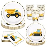 Whaline 96Pcs Construction Party Tableware Dump Truck Paper Plate Napkin Cup Yellow Black Disposable Dinnerware Set for 24 Guests Birthday Party Table Decor