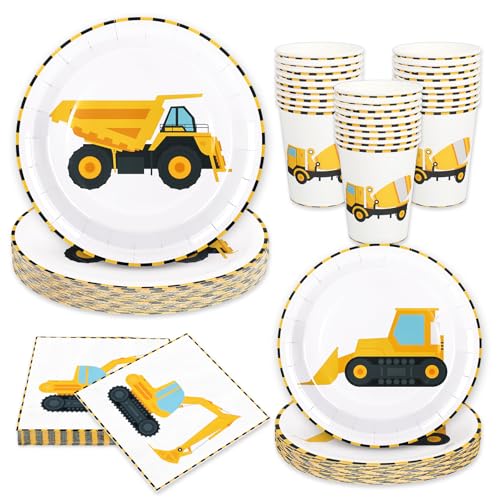 Whaline 96Pcs Construction Party Tableware Dump Truck Paper Plate Napkin Cup Yellow Black Disposable Dinnerware Set for 24 Guests Birthday Party Table Decor