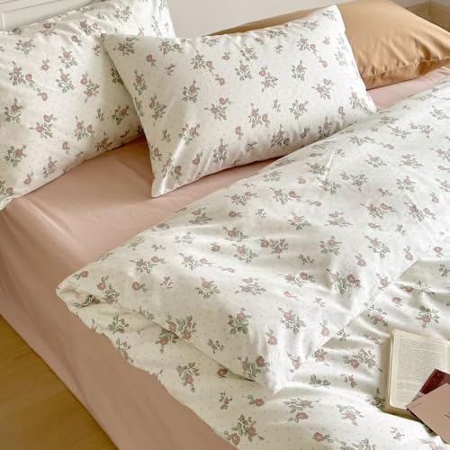 Image of MKXI Garden Floral Duvet Cover Peach Blossom Aesthetic Bedding White Print Duvet Cover Pink Floral Queen Size Cottagecore Soft Bedding 100% Cotton