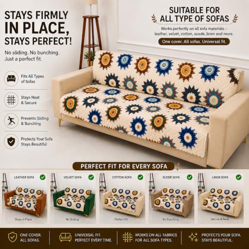 Image of Homerz Premium Printed Quilted Velvet Sofa Slip Cover Protector, Sofa Mat, Exact Size, Antislip Cover (Morocco, 3 Seater, Full)