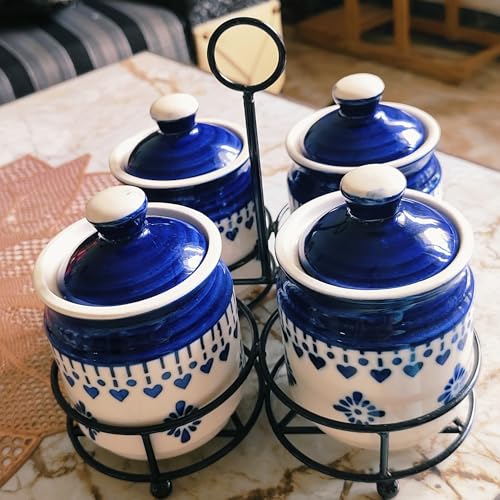 Image of Niyara Handcrafted Ceramic Pickle Jar Set, Premium Metal Tray, Spoons & Lids - Multipurpose Storage for Pickles, Chutneys, Spices & Condiments (Set of 4, 300ML /Each) (Blue Flower Design)