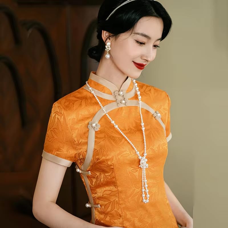 Cheongsam De Manga Corta para Mujer - Vestido Cheongsam De Verano Ajustado Estilo Chino con Cuello Alto Y Mejorado De Longitud Media Y Talla Grande para Fiesta Y Boda