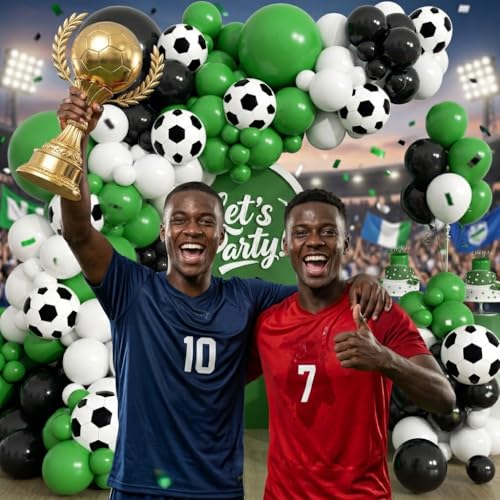 Image of 181Pcs Soccer Balloon Garland Arch Kit -Green White Black Soccer Party Decorations 18 12 10 5 Different Sizes Latex Party Balloons for Birthday World Football Boys Sports Theme Decorations 86