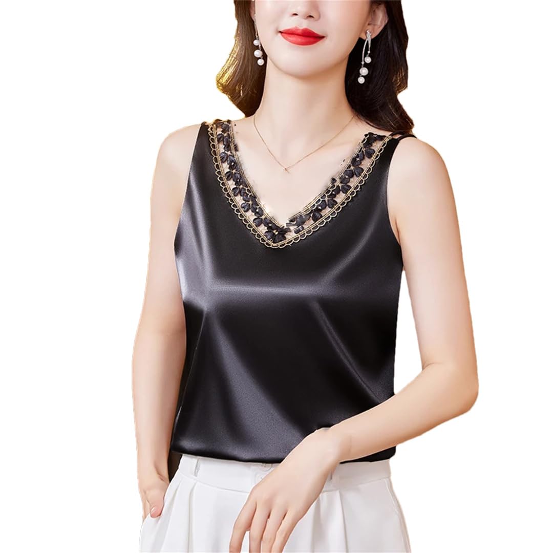 Canotta da donna in raso di seta con scollo a V primaverile estate moda patchwork pizzo ricamato canotte
