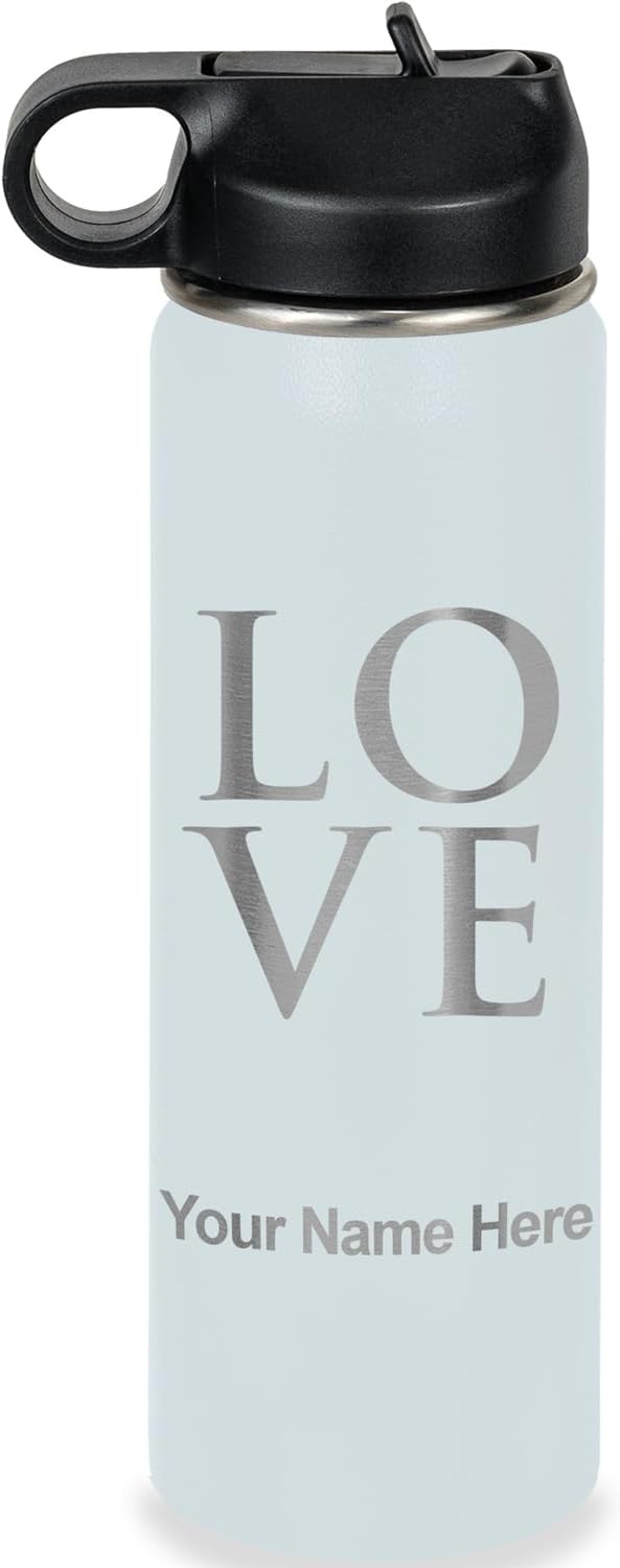 LaserGram Personalized Water Bottle, LOVE, Stainless Steel Double Wall Vacuum Insulated with Flip Top Straw, Custom Engraved Gift (20oz / 590ml Light Blue)