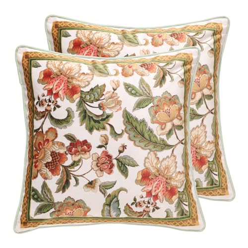 patdrea Designer Pack of 2 Idyllic Throw Pillow Covers 18x18 Inch,Green Farmhouse Dreamy Velvet with Orange Floral Pattern,Decorative Square Pillowcases Cushion for Bed Living Room Outdoor Car
