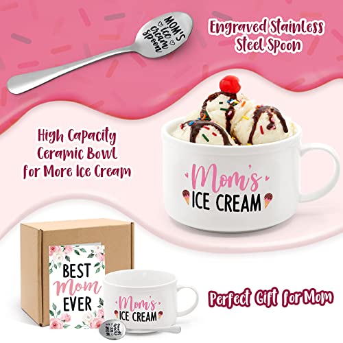 Nefelibata Mom's Ice Cream Bowl And Spoon Set With Best Mom Ever Greeting Card Mother's Day Birthday Retirement Engraved Gift Box Basket For Her Mommy's Present From Daughter Son Set Of 3 #TOP3