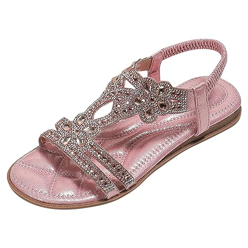 Sandales Femme Été Confortable avec Strass - Sandales Compensées Pieds Larges Femme Chaussures Décontractées Boheme Claquettes Fleur Nu Pieds De Plage...