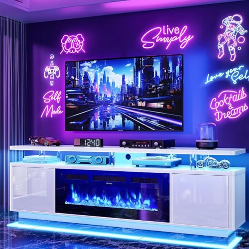 OneBlis 70' Fireplace TV Stand with Double LED Lights for TVs UP to 80', Electric Fireplace Entertainment Center with Storage Cabinets, TV Console for Living Room, Office, White